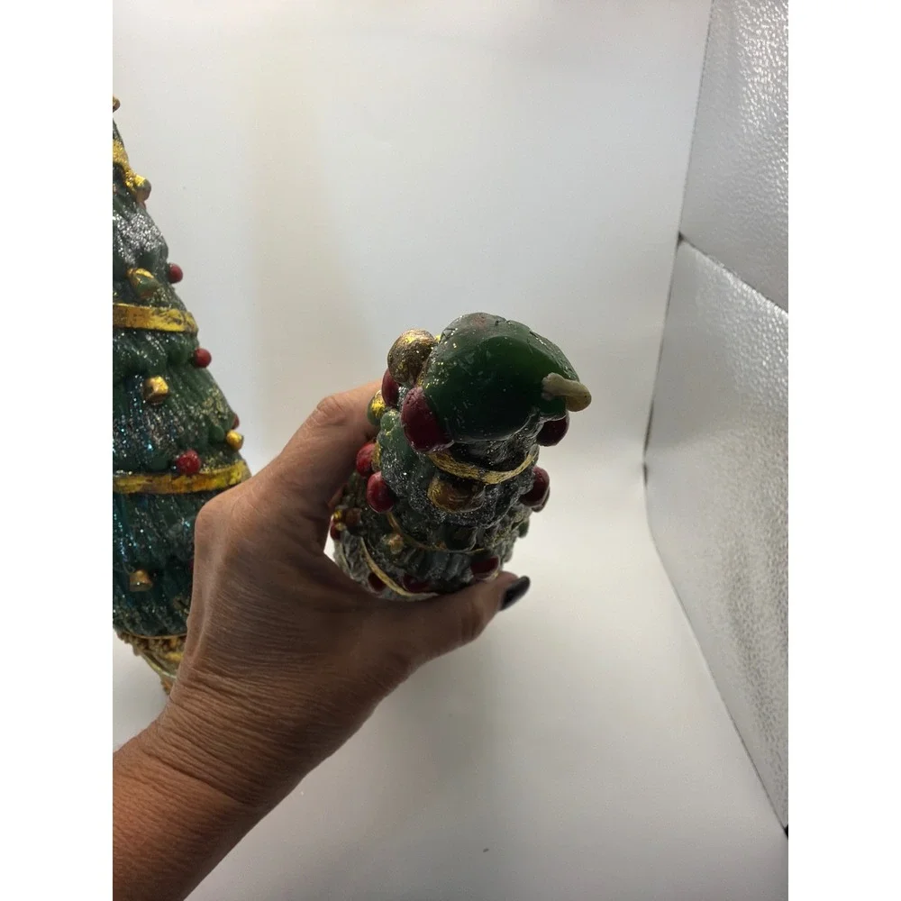Department 56 Christmas Tree Pillar Candles Gold Base Glitter Set of 2 Green 12